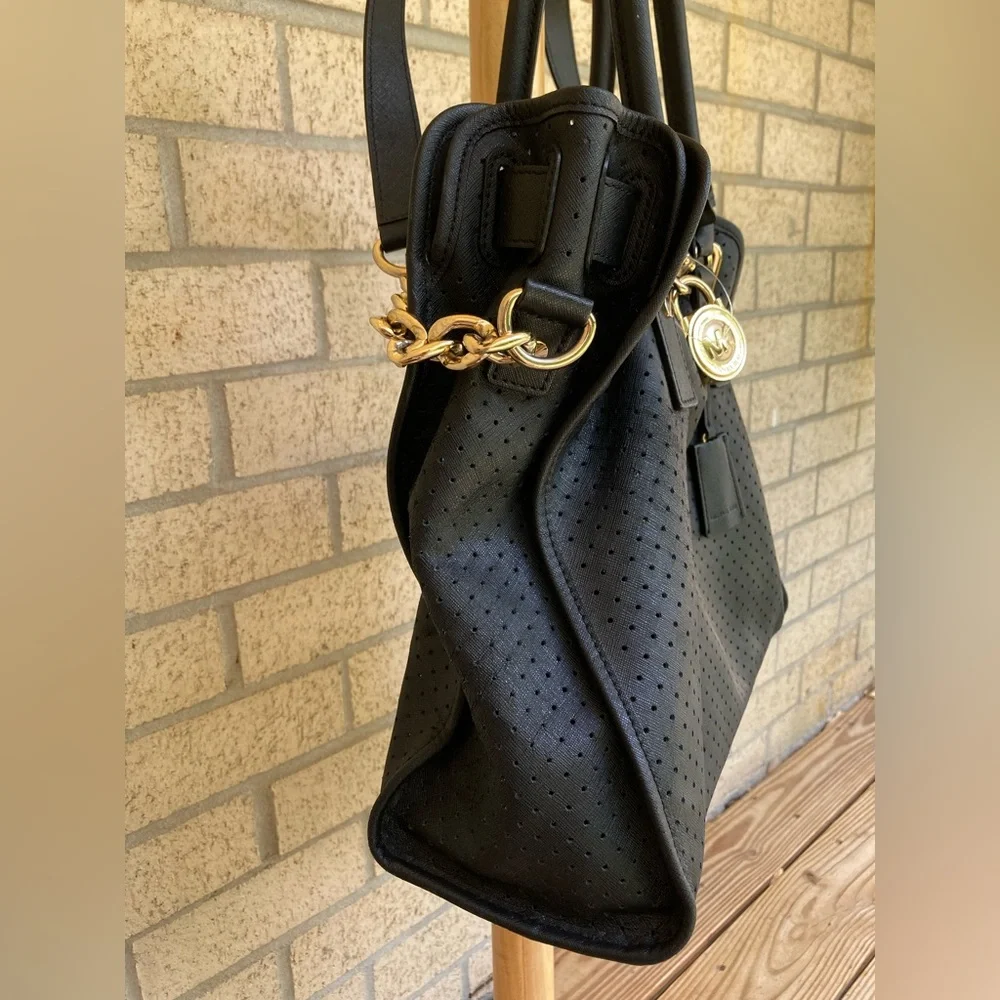 Michael Kors LARGE Black Leather Perforated Hamilton Tote Bag Gold Hardware